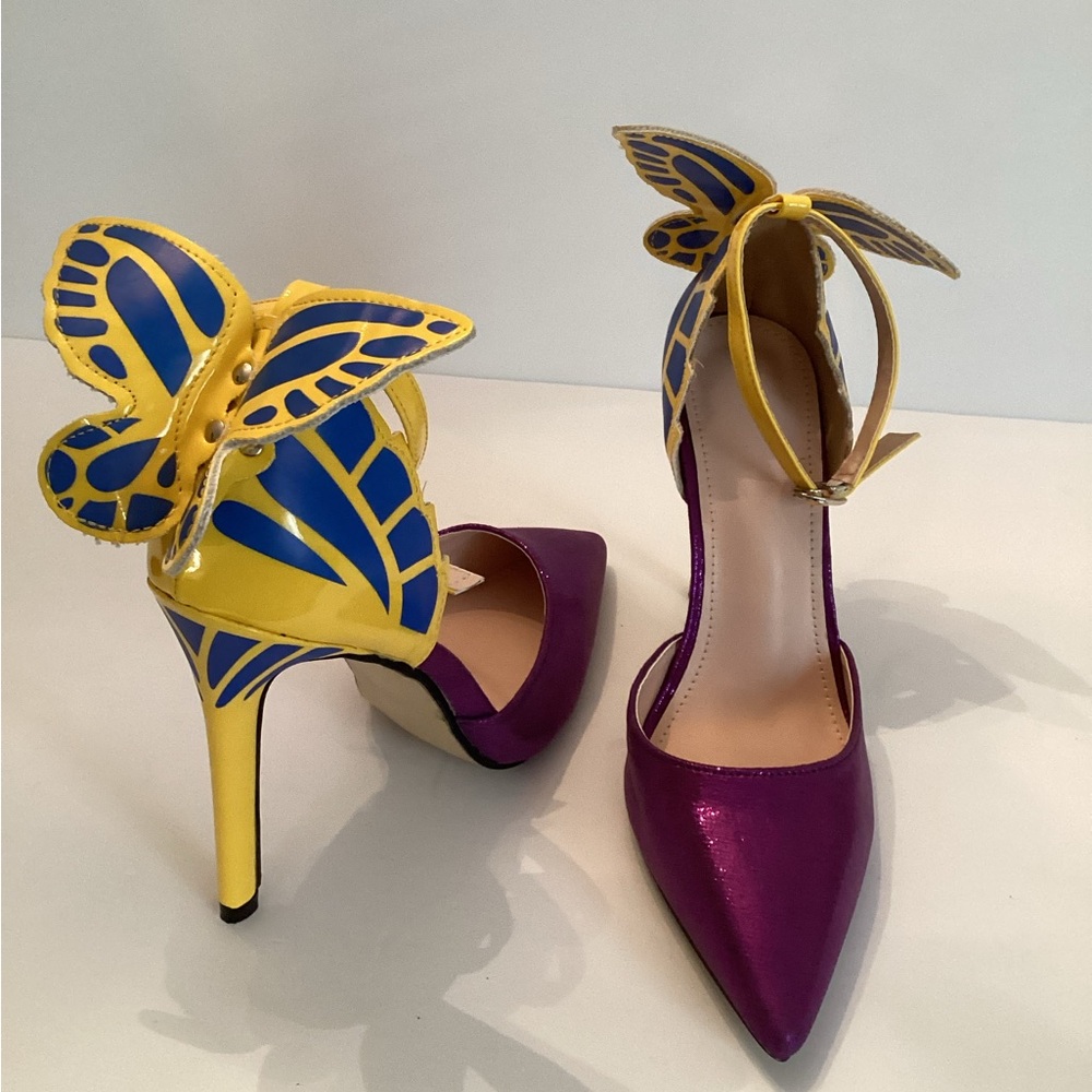 BUTTERFLIES Grace these lovely Yellow, blue and fushia Stilleto Heeled S…